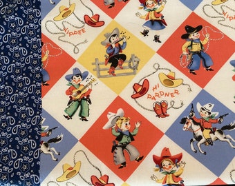 Retro Cowboy Blanket, Free Shipping, Retro Cowboy & Cowgirl Baby Blanket, Michael Miller Yippee Fabric Baby Blanket