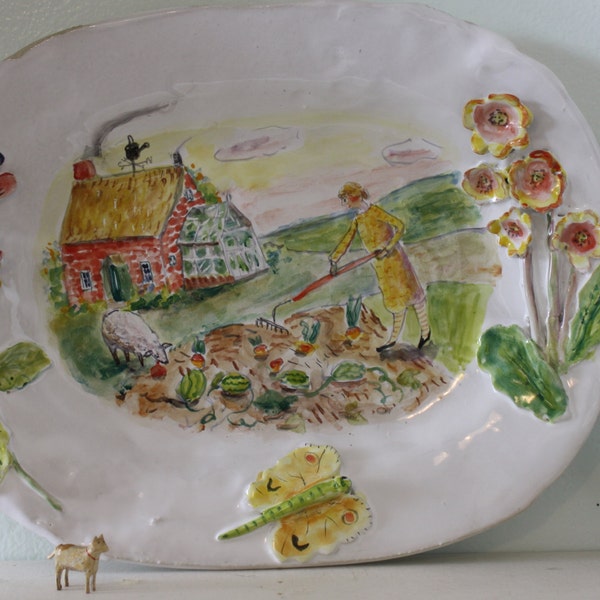 Lady, sheep, and greenhouse platter