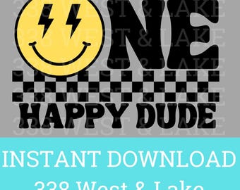 May include: A black and yellow graphic design with a smiley face with lightning bolts for eyes and the text "ONE HAPPY DUDE" in a retro font. The design is on a checkered background.