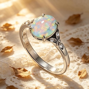 classic prong-set opal solitaire ring, polished stainless steel promise ring with rainbow opal