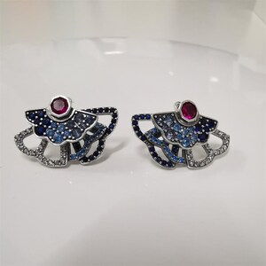 Pandora S925 Sterling Silver, Blue Pink Fan Statement Stud Earrings, Clear Cz