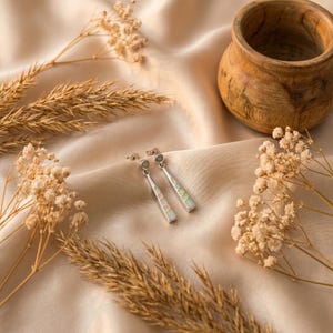 white opal bar drop earrings, silver opal jewelry