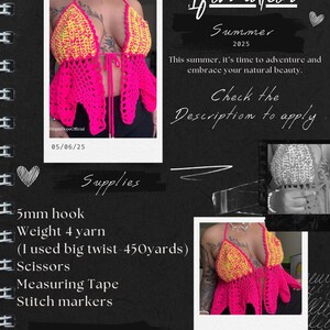 May include: A handmade crochet top in vibrant neon pink and yellow. The top features a halter neck design with a tie closure and a unique, openwork pattern. The image also includes text that says "Information Summer 2025" and "Check the Description to apply."