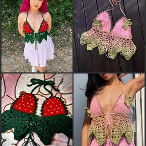 May include: Crocheted strawberry-themed tops in various styles. The tops feature red and white strawberry designs with green leaf accents. One top is worn with a white skirt. Other tops are shown on a wooden surface and a patterned blanket.