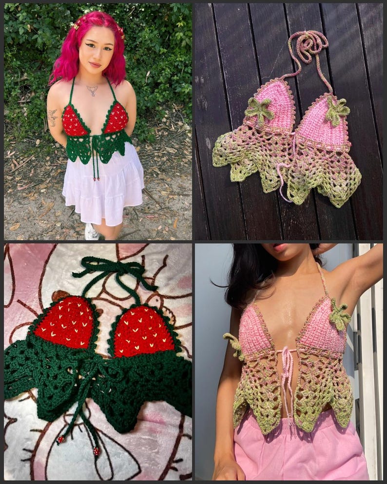 May include: Crocheted strawberry-themed tops in various styles. The tops feature red and white strawberry designs with green leaf accents. One top is worn with a white skirt. Other tops are shown on a wooden surface and a patterned blanket.