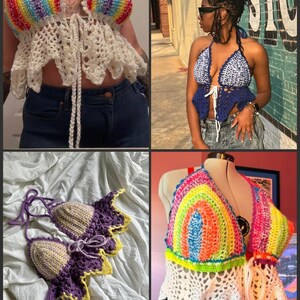 May include: A collection of handmade crochet tops in various styles and colors. One top features a rainbow design, while others showcase blue and white, purple and yellow, and other vibrant color combinations. The tops are halter-style and have unique, decorative edges.