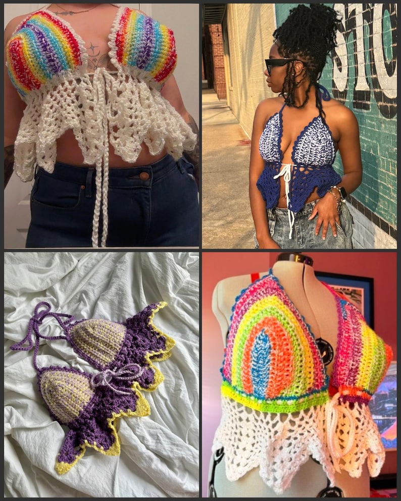 May include: A collection of handmade crochet tops in various styles and colors. One top features a rainbow design, while others showcase blue and white, purple and yellow, and other vibrant color combinations. The tops are halter-style and have unique, decorative edges.