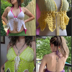 May include: Crochet halter tops in white, yellow, and lime green, with scalloped edges and tie closures. The tops are handmade, with a unique openwork design. One top has pink trim. The tops are displayed on a person and a mannequin.