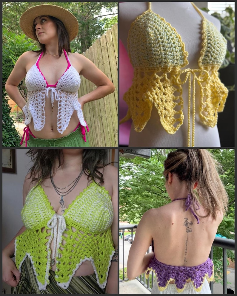 May include: Crochet halter tops in white, yellow, and lime green, with scalloped edges and tie closures. The tops are handmade, with a unique openwork design. One top has pink trim. The tops are displayed on a person and a mannequin.