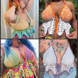 May include: A collection of four handmade crochet halter tops in various colors. The tops feature a triangle cup design with decorative edging and tie closures. The color palette includes rainbow, orange, white, and purple.
