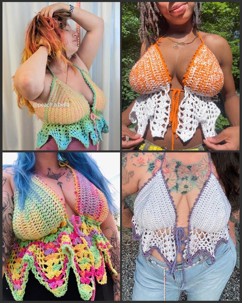 May include: A collection of four handmade crochet halter tops in various colors. The tops feature a triangle cup design with decorative edging and tie closures. The color palette includes rainbow, orange, white, and purple.