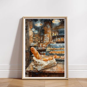 Poster di baguette, stampabile, dipinto, arte murale della cucina, download immediato, sfondo, opera d'arte, immagine generata dall'intelligenza artificiale, illustrazione del cibo