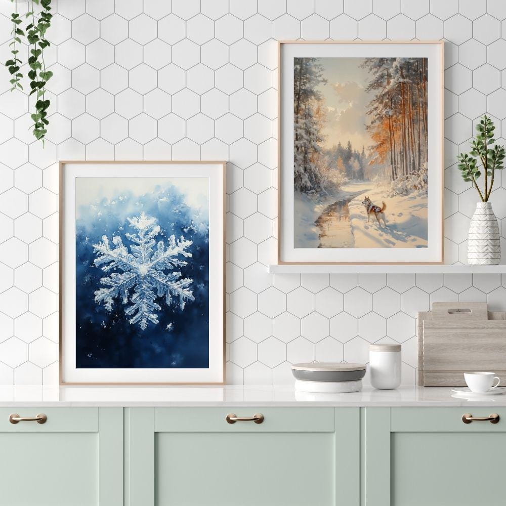 Snowflake Poster Printable Painting Wall Art Instant Download Wallpaper ...
