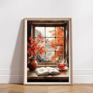 Herbstbuch und Tee Poster druckbare Malerei Wandkunst Sofortiger Download Wallpaper Kunstwerk AI erzeugtes Bild der Natur Illustration