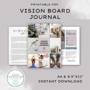 May include: Printable vision board journal with a collage of images including a woman meditating, a cup of coffee, and a book. The journal is available in A4 and 8.5" x 11" sizes. The text on the cover reads "Vision Board Journal" and "By Shelby Cook".