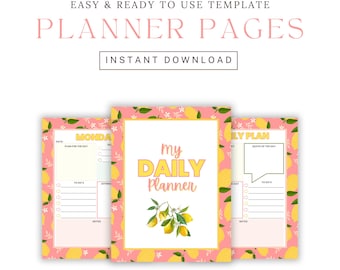 Puede incluir: Un conjunto de páginas de planificador imprimibles con un tema de limones rosas y amarillos. Las páginas incluyen secciones para la planificación diaria, listas de tareas y notas. El texto "My Daily Planner" se destaca.