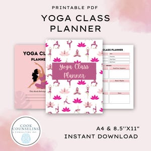 May include: Printable PDF yoga class planner with a pink and white floral design featuring yoga poses. The planner includes a class planner page with sections for date, start time, end time, details, music playlist, and notes.