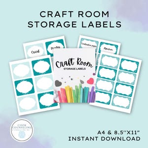 May include: Printable craft room storage labels with a teal and white design. The labels feature a variety of text, including "Cricut", "Printer", "Construction paper", and "Styrofoam". The labels are available in A4 and 8.5" x 11" sizes.