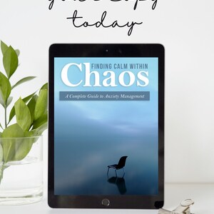 May include: A digital tablet displaying a book cover with the title "Finding Calm Within Chaos: A Complete Guide to Anxiety Management". The cover features a blue and white sky with a single black chair in the water.