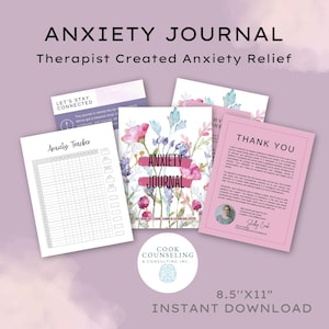May include: An 8.5" x 11" printable anxiety journal with a pink floral design. The journal includes a thank you note, an anxiety tracker, and a "Let's Stay Connected" page. The journal is created by Shelby Cook, LISW-SLCS-QS, CCTP.