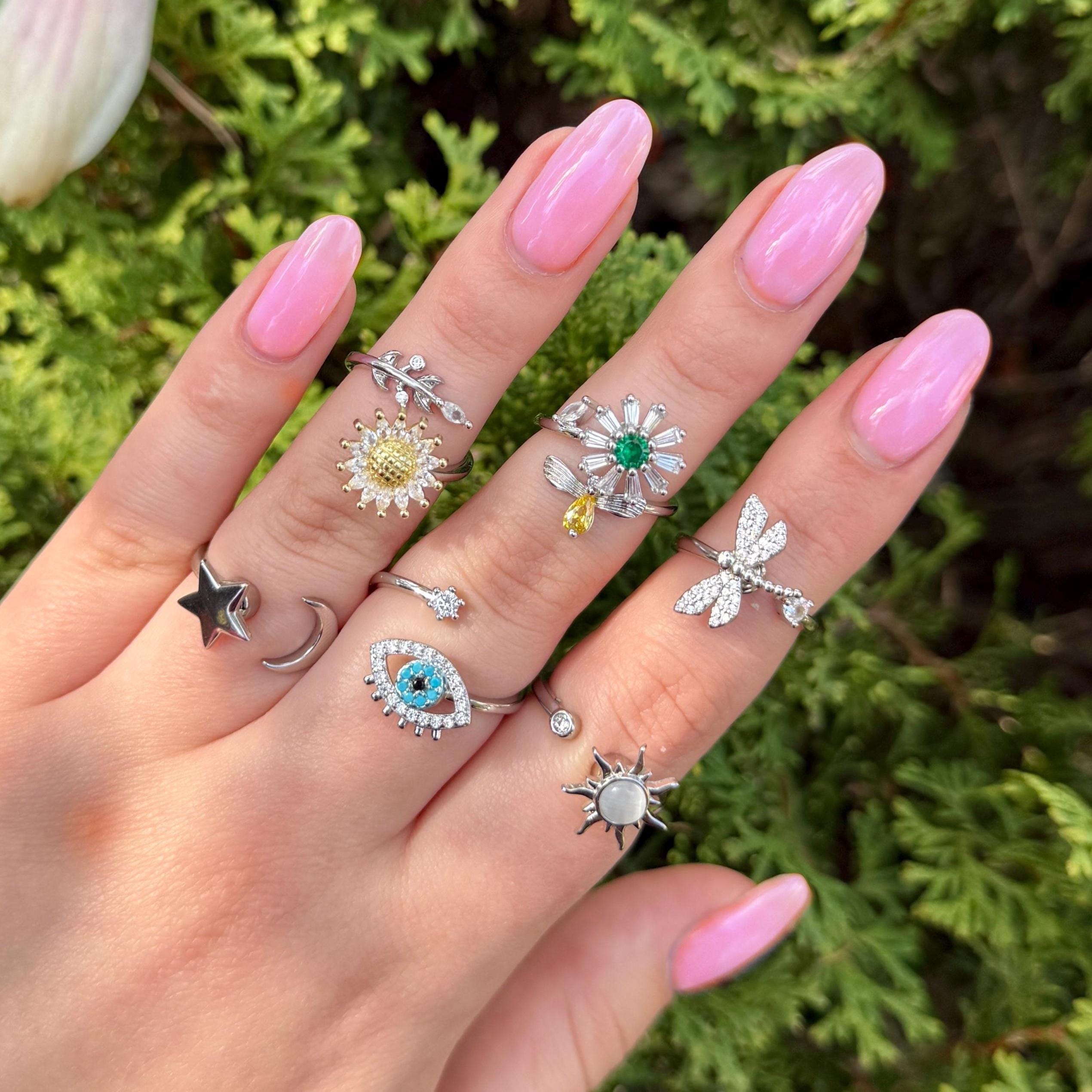 Bague Femme Reglable Lot De 5 Anneaux Anti-Stress Réglables Pour Femme Avec Perles En Zircon Bijou Anxiolytique Femme