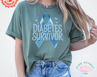 Diabetes Survivor T-Shirt, Blue Ribbon Awareness Tee, Cotton Support Shirt