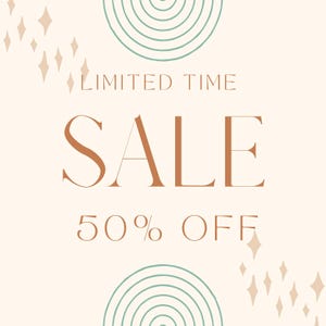 May include: Cream-colored promotional graphic with the text "LIMITED TIME SALE 50% OFF". The word "SALE" is in a large, stylized font. Decorative elements include geometric shapes and diamond-like patterns.