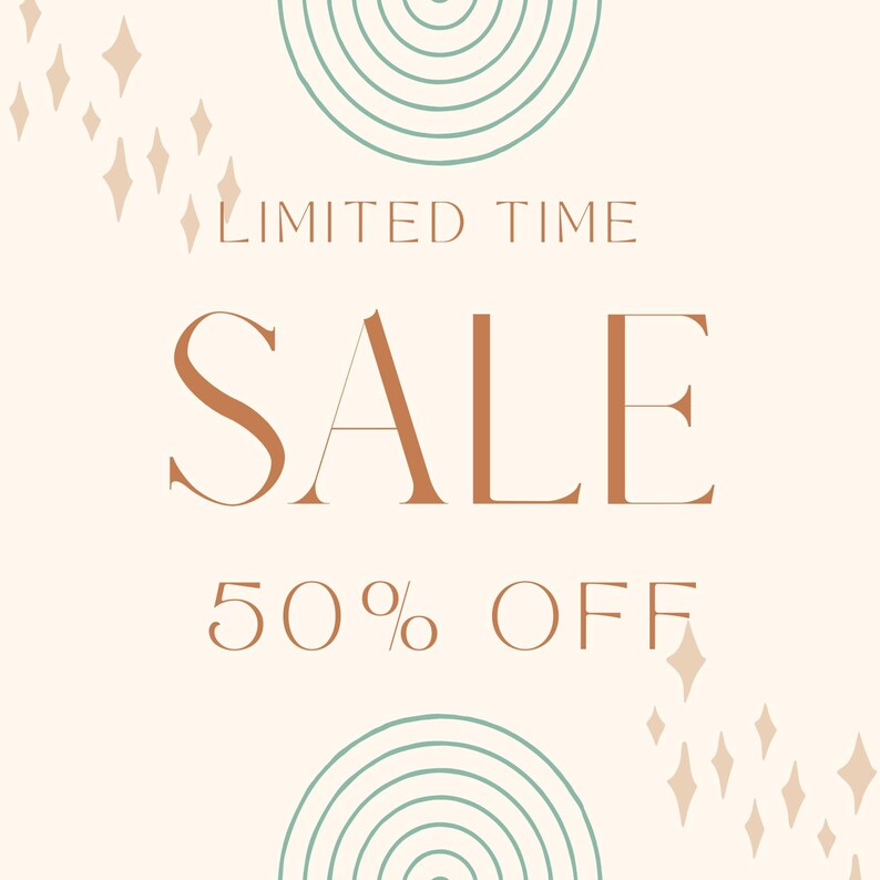 May include: Cream-colored promotional graphic with the text "LIMITED TIME SALE 50% OFF". The word "SALE" is in a large, stylized font. Decorative elements include geometric shapes and diamond-like patterns.