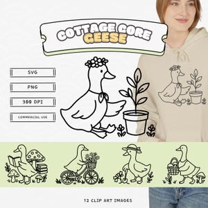 12 graziose clipart di oche in formato SVGPNG, disegno a mano di un'oca, stile cottagecore, scarabocchi lineari per download digitale, uso commerciale