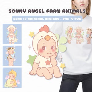 Paquete 12  sonny colección animales de granja, imágenes en PNG y SVG, lindos dibujos a mano, muñecas kawaii para imprimir, uso comercial