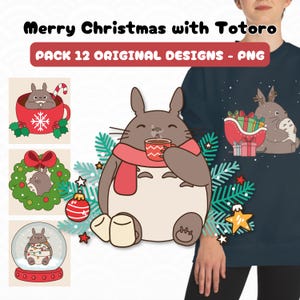Paquete 12 imágenes Totora navideño, ilustraciones originales en PNG, regalo Navidad de Anime, uso comercial, clipart estilo kawaii descarga