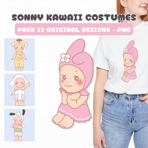 Pacote com 12 ilustrações do bebê Sonny em fantasias de personagens kawaii, bonecos fofos para impressão e uso comercial, designs de adesivos