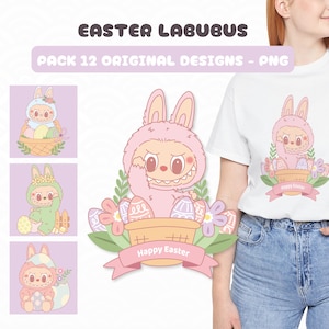Paquete 12 Labubus PNG Pascua Kawaii, Imágenes Digitales de Monstruos Lindos para Pascua, archivo Digital con Uso Comercial, felíz pascua