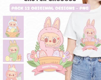 Pack of 12 Labubus PNG Kawaii Easter, Digital Images of Cute Monsters for Easter, Digital File for Commercial Use, Happy Easter