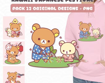 Kawaii clip art pack, Matsuri Festival png, bear and friends for download, Japanese-style drawing, cute bear png, Commercial Use