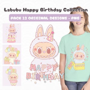 Paquete 12 Labubu colección felíz cumpleaños descarga digital, Diseño original en tonos pastel, labubu para uso comercial, labubu png,