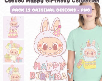 Pack 12 Labubu happy birthday collection digital download, Original pastel design, labubu for commercial use, labubu png,