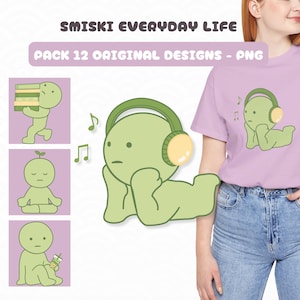 Pack 12 PNG of kawaii little green man, cartoon design, commercial use for printing, little green character PNG, cartoon art