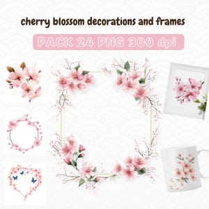 Elegante Kirschblütenrahmen, 24er-Pack Sakura-Blumen-Clipart PNG, Kirschblütenkranz, japanische Dekoration, kommerzielle Nutzung