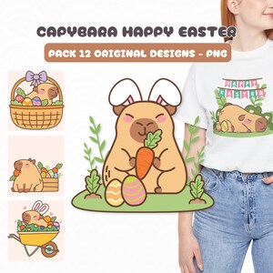 Pack 12 dibujos Capibaras de Pascua PNG, Uso Comercial, Dibujos Originales, Capibara con huevo de pascual,Felices Pascuas 2025, estilo lindo