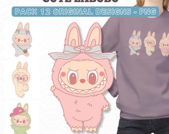 12 Cute Labubu Digital Download Pack, Original Labubu Design in Pastel Colors, Labubu Pack for Commercial Use, Labubu PNG,