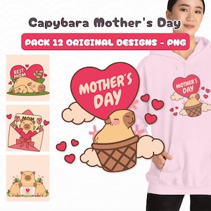 12 Capybara Clipart for Mother&#39;s Day, Cute Capybara PNG, Commercial Use, Capybara Mom Drawing, Gift for Mom