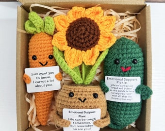 Adorable Handmade Crochet Pickle Carrot Sunflower Emotional Support Gift Emotional Support Pickle Crochet vegetables Cheer up gift for her