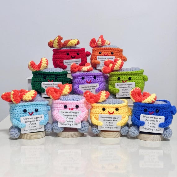 Emotional Support Dumpster Fire,Crochet Dumpster Fire,I'm fine everything is fine,Self Care,Breakup gift,Long distance gift,Funny Desk Decor
