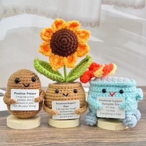 Cute Handmade Crochet Emotional Support Dumpster Fire,Crochet Sunflower,Positive Potato,Support Gift for Colleague,Friends,Funny Desk Decor