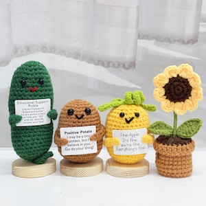 Handmade Crochet Pickle/Potato/Pineapple with Mini Sunflower,Emotional Support Pickle,Positive Potato,Crochet Vegetables Gift Set,Desk Decor