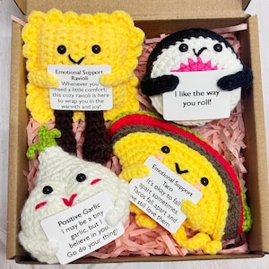 Handmade Crochet Positive Food Gifts,Crochet Taco/Sushi/Garlic/Ravioli,Funny Home Table Decor,Play Food,Emotional Support Gift,Positive Gift