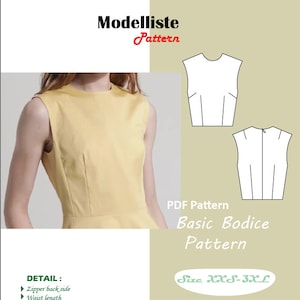 Könnte beinhalten: Ein PDF-Schnittmuster für ein einfaches, ärmelloses Oberteil mit Reißverschluss auf der Rückseite und Taillendetail. Das Schnittmuster ist in den Größen XXS-3XL erhältlich.