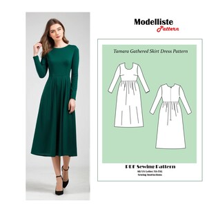 May include: A PDF sewing pattern for a gathered skirt dress. The pattern is available in sizes XS-5XL and includes sewing instructions. The pattern is shown on a white background with a green border.