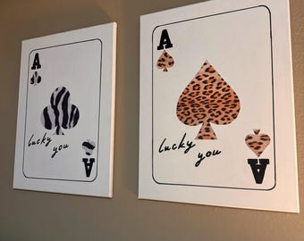Animal Print "Lucky You" Playing Cards Wall Decor/Canvas Set (2)